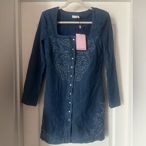 Avec Les Filles Navy Blue Long Sleeve Embroidered Denim Dress